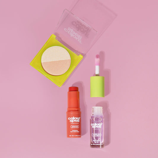 Blush, Shine and Glow set with Highlighter Duo, lip oil and 2-in-1 lip and cheek stick