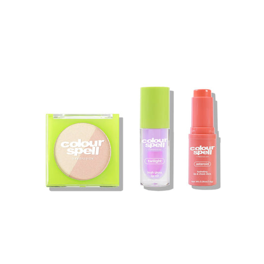 Blush, Shine and Glow set with highlighter Duo, lip oil and lip and 2-in-1 hydrating lip & cheek stick