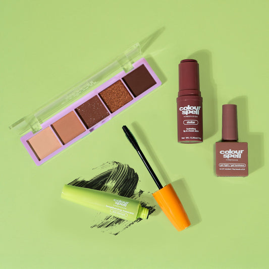 Take Notes set with Gel Light Nail Polish, 2-in-1 Hydrating Lip & Cheek Sticks, 5 Shade Palette and Lengthening Mascara