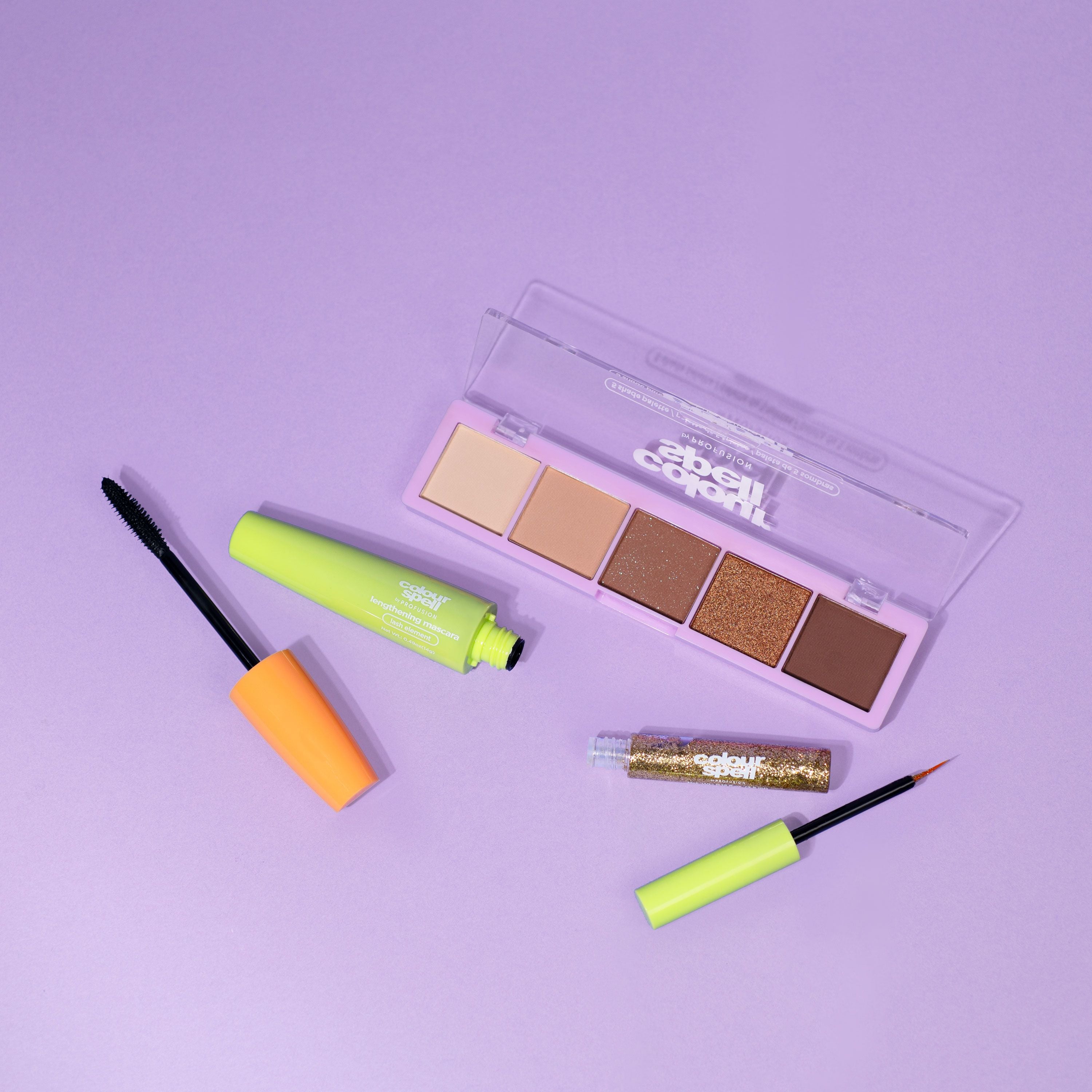 Paparazzi set with Lengthening Mascara, Liquid Glitter Liner, 5 Shade Palette