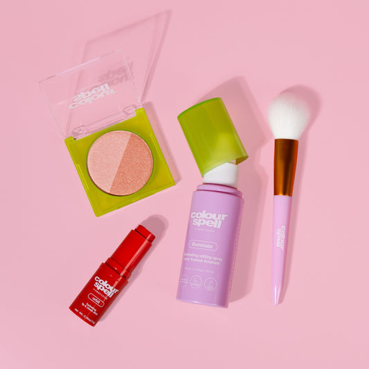 Clean Girl Set with highlighter duo, setting spray, 2-in-1 lip and cheek stick, Face Brush
