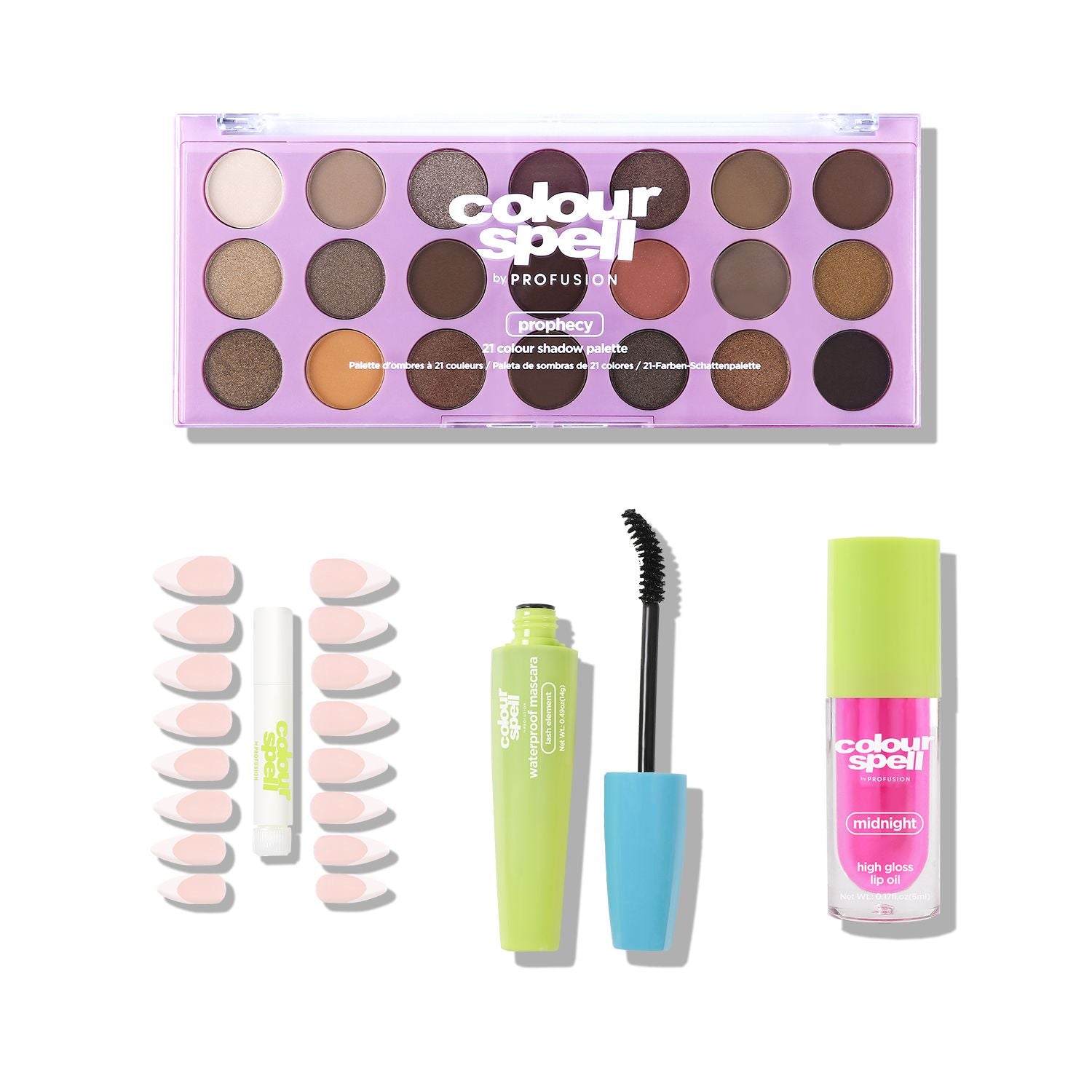 The It Girl set with Press On Nails & Glue, Waterproof mascara, High Gloss Lip Oil and 21 Colour Shadow Palette