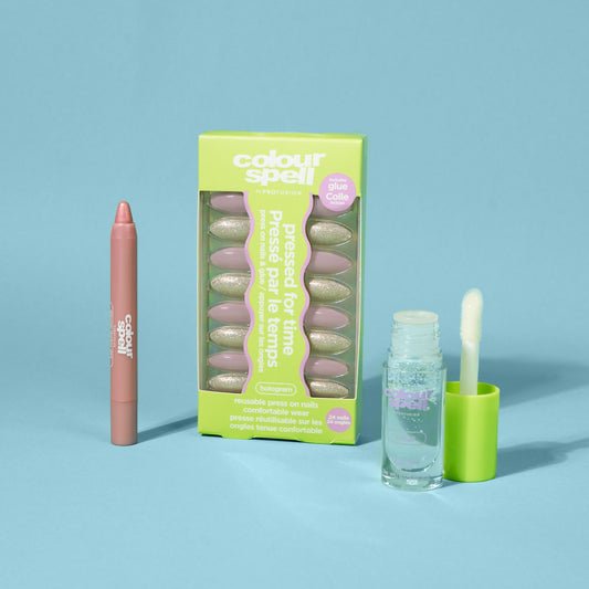 Pressed, Glossed and Polished set with Shimmer Shadow Stick, Lip Oil and Press On Nails and Glue