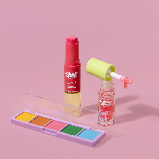 Playful set with 5 shade eyeshadow palette, 2-in-1 lip and cheek stick and lip oil