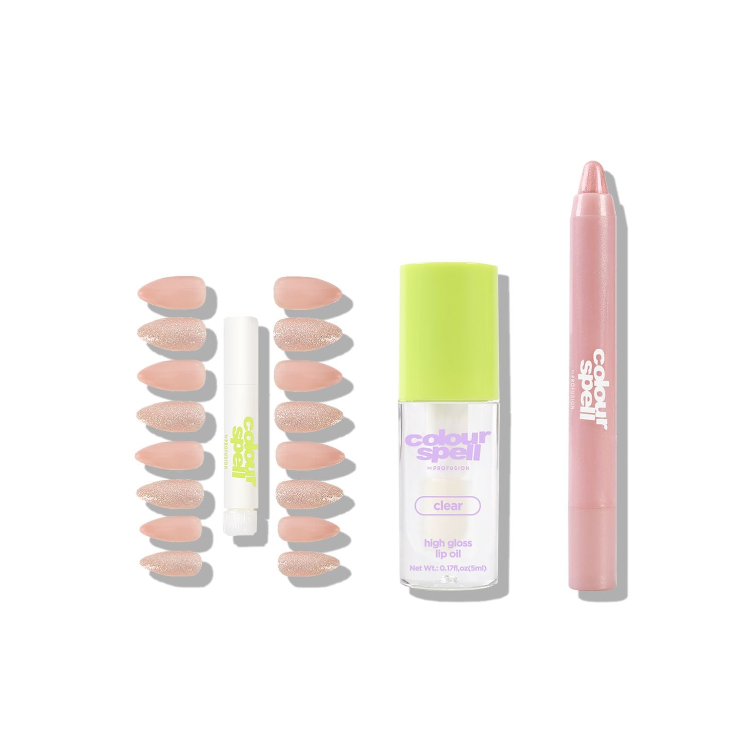 Pressed, Glossed and Polished set with Shimmer Shadow Stick, Lip Oil and Press On Nails and Glue